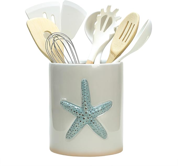 Ceramic Starfish Embossed Utensil Holder, Large